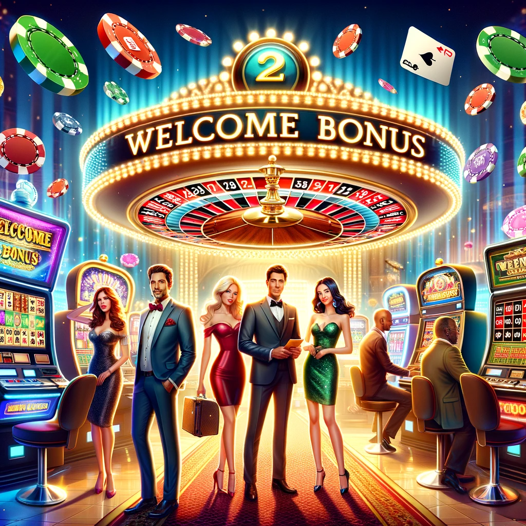 A vibrant casino scene with diverse players engaged in various games. Includes slot machines, roulette tables, playing cards, and a prominent 'Welcome Bonus' sign.